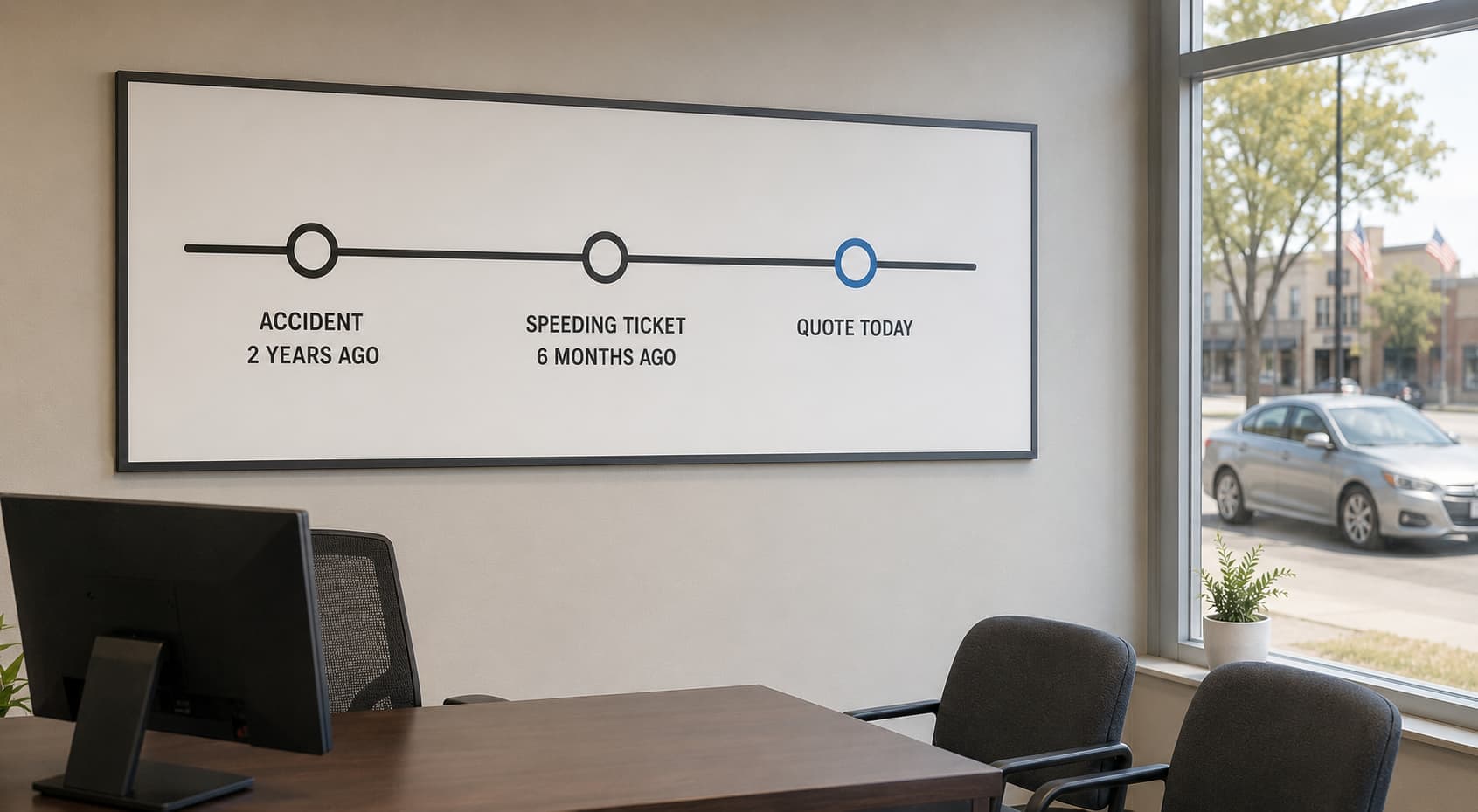 Insurance office timeline showing an accident and speeding ticket before a high risk auto insurance quote.