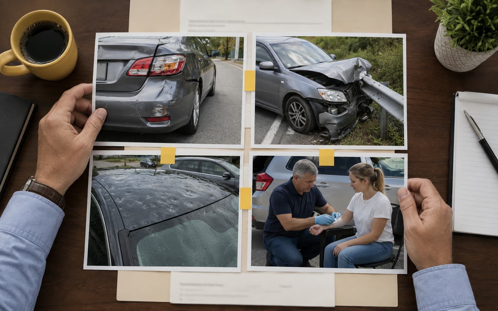 Insurance professional comparing photos representing liability, collision, comprehensive, and medical payments coverage after an accident.