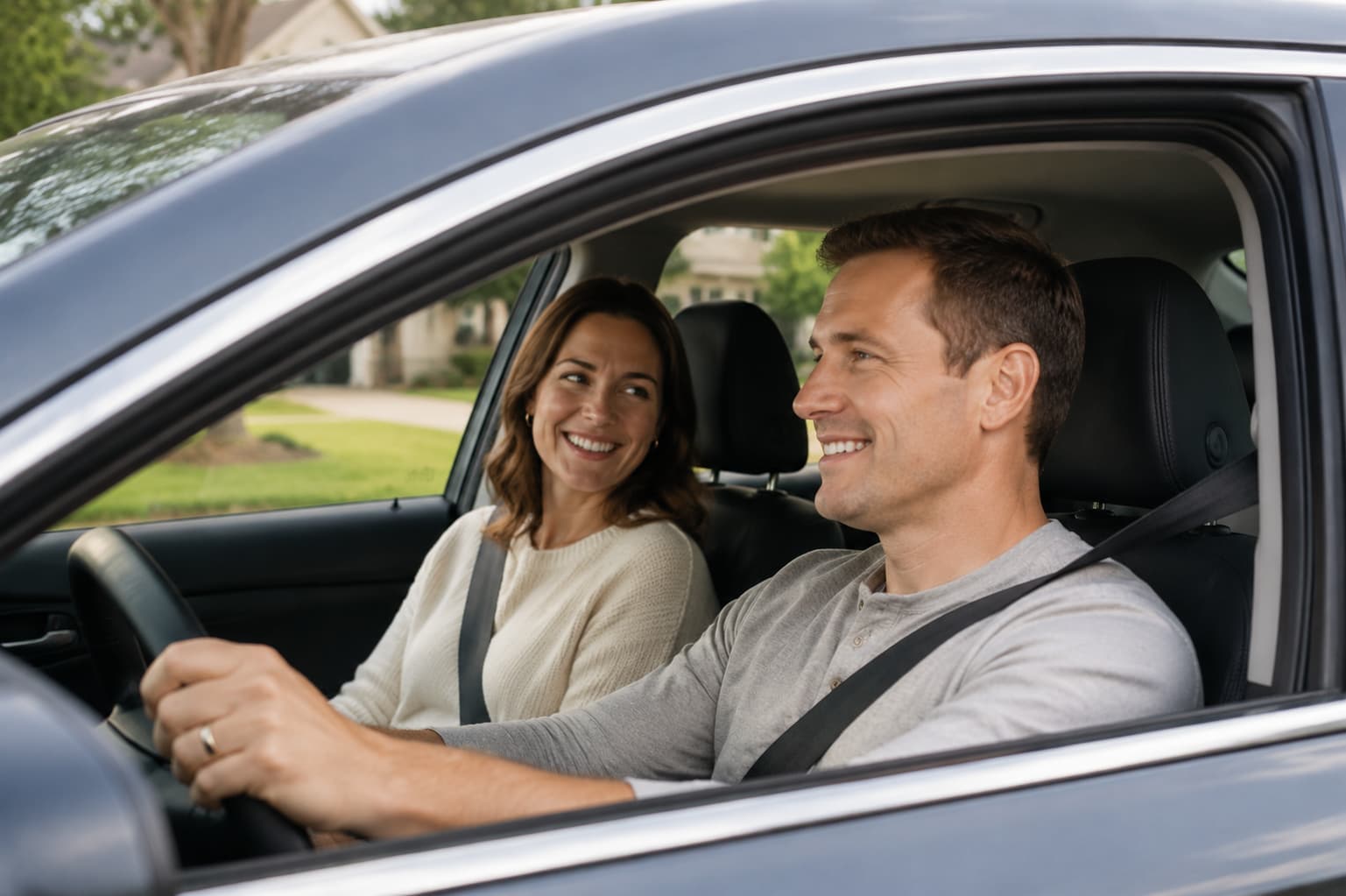 Happy Tulsa couple with the licensed spouse driving, illustrating full coverage car insurance with no license.