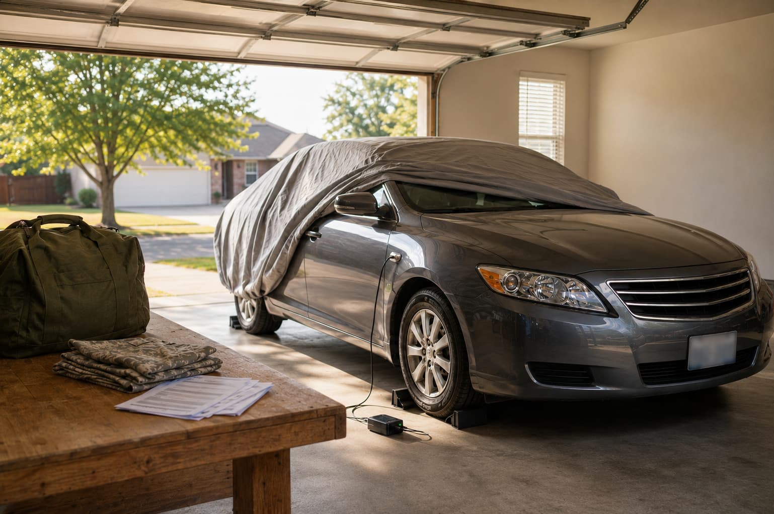 Parked car prepared for storage during military deployment in a Del City garage.