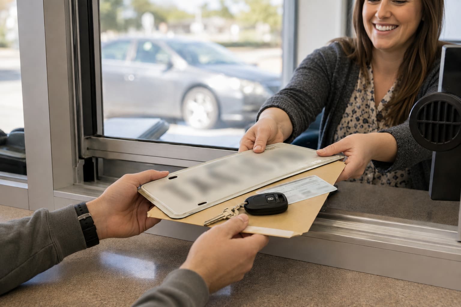 Driver completing Oklahoma vehicle registration requirements at a Broken Arrow tag office.