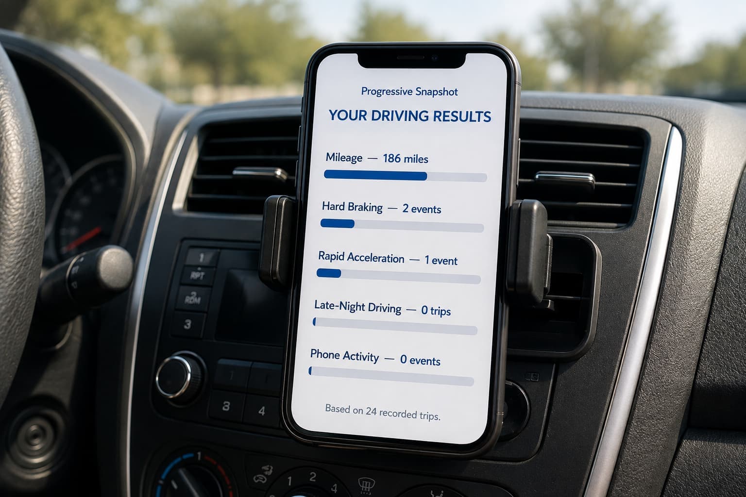 Progressive Insurance Company Snapshot app showing mileage, braking, acceleration, and phone activity results.