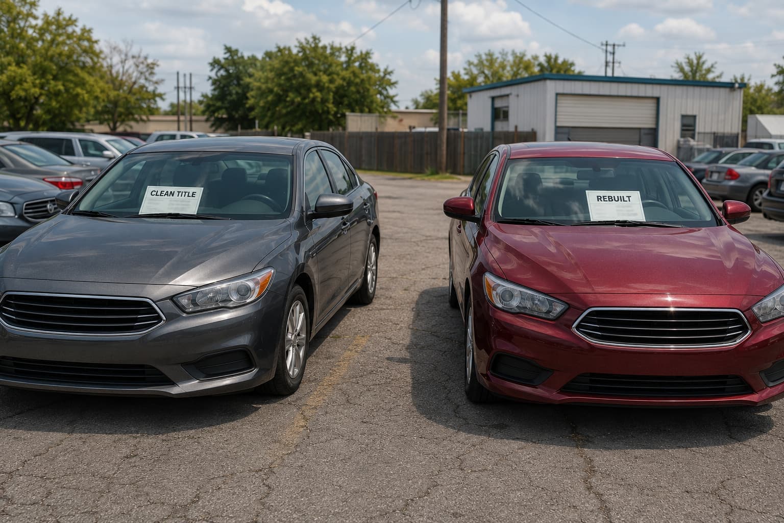 ed rebuilt-title car beside a clean-title sedan at a Tulsa automotive lot.