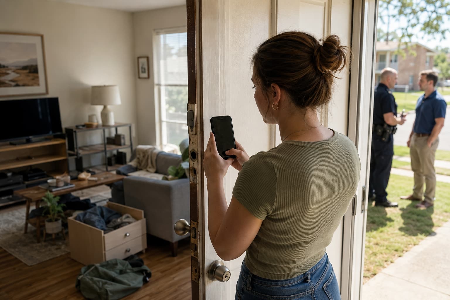 Oklahoma renter photographs a damaged apartment door after a break-in.