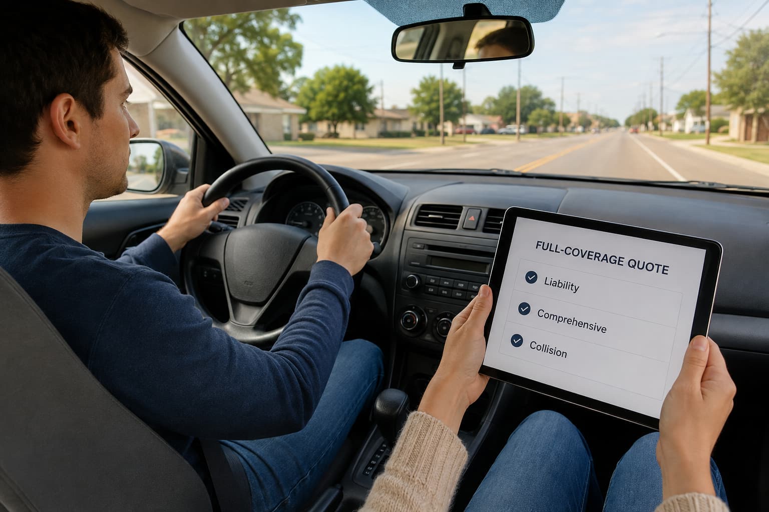 Passenger reviewing cheap full coverage auto insurance quotes while driving through Del City.
