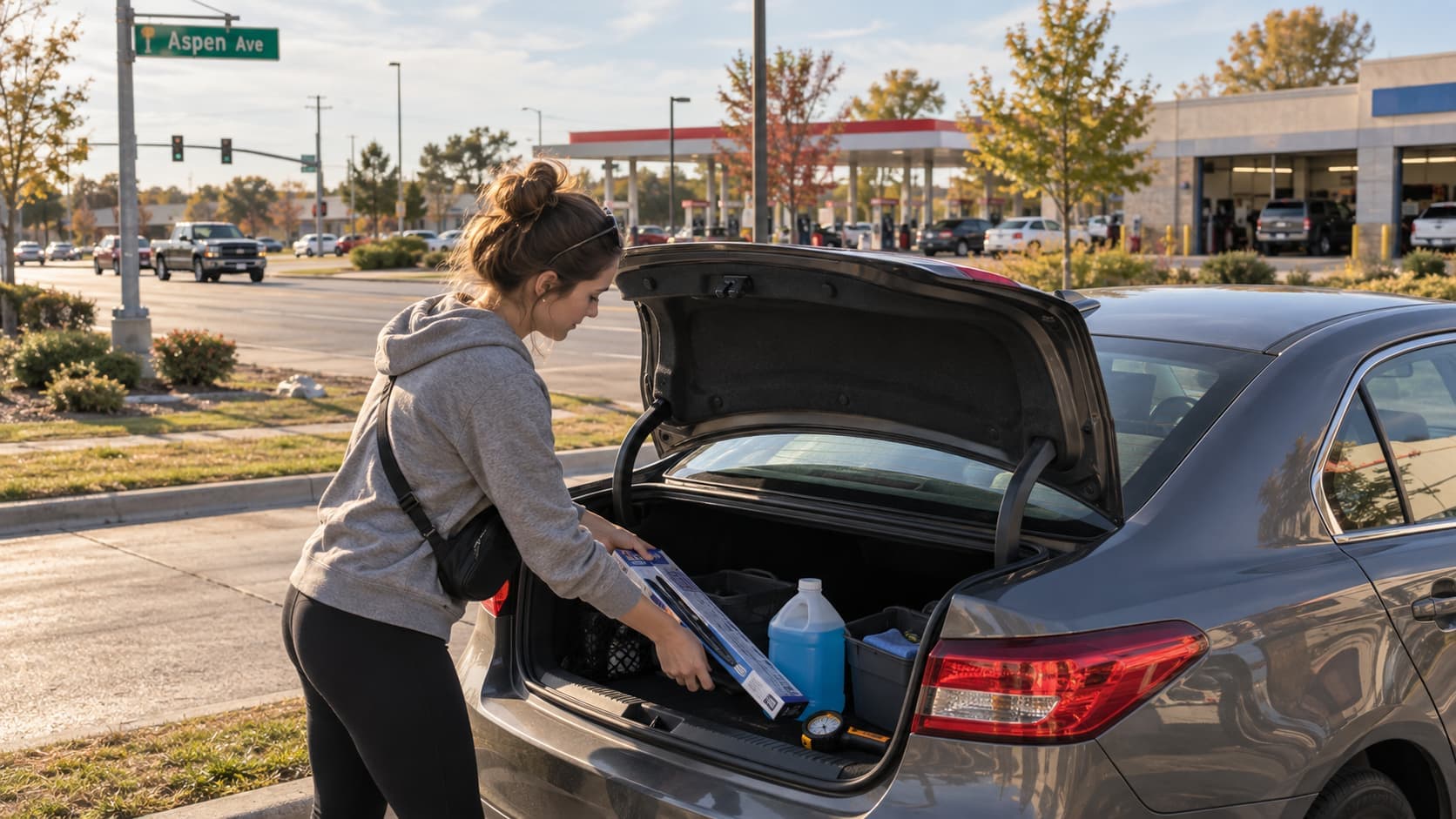 Broken Arrow car owner loading vehicle supplies into a sedan near Aspen Avenue