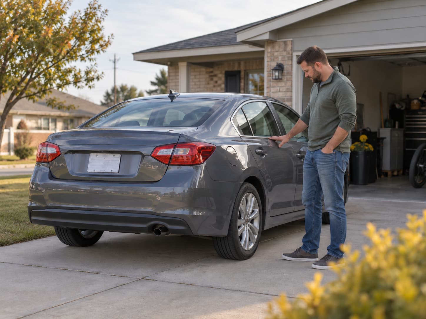 Man standing beside a sedan in an Oklahoma driveway before registering the vehicle.