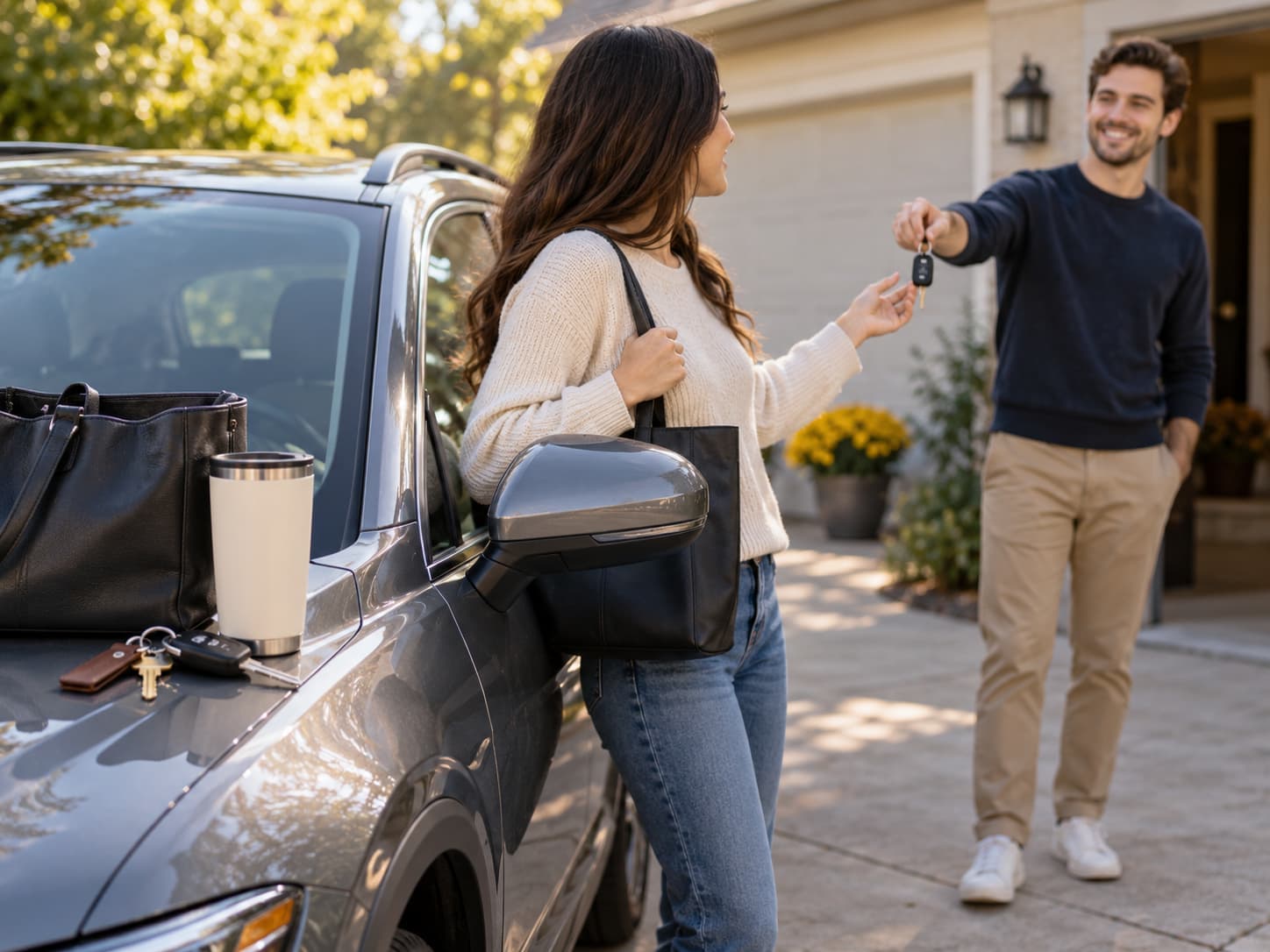 Driver receiving car keys beside a shared vehicle, representing occasional borrowing versus regular vehicle access.