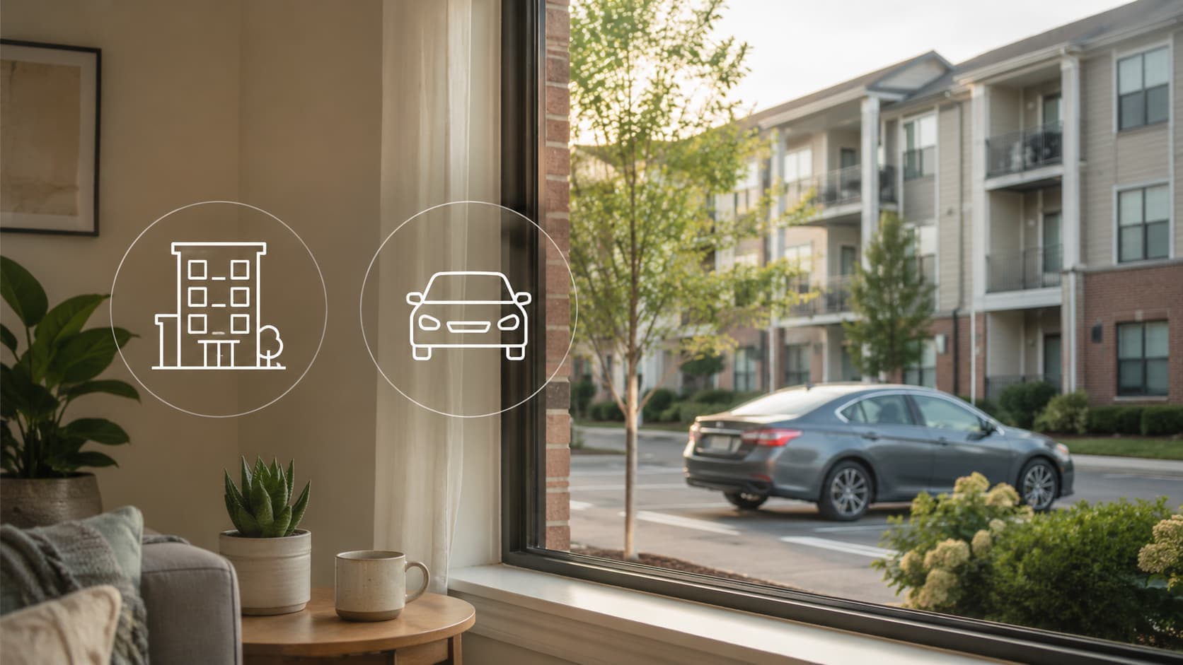 Apartment and car icons over a residential apartment scene representing bundled renters and auto insurance