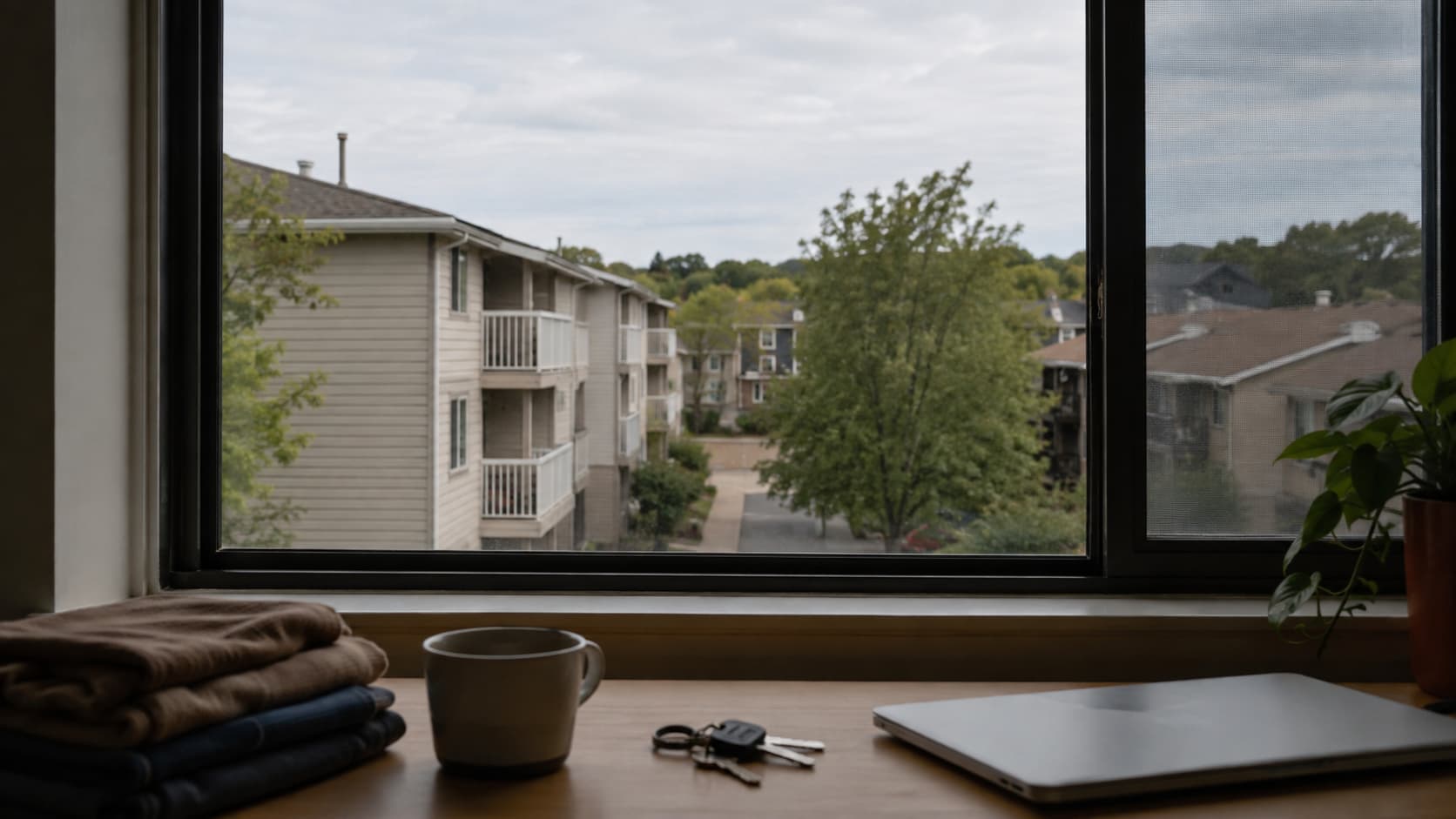 View from inside an apartment with personal belongings near a window overlooking an apartment complex