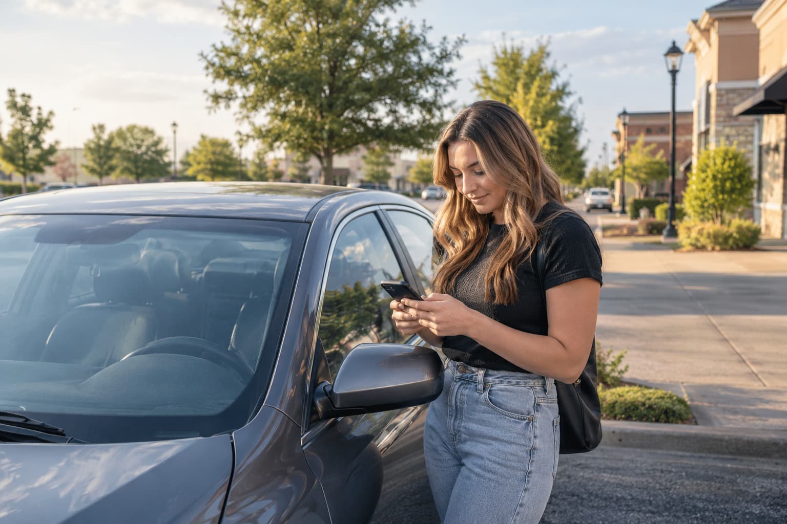 Driver checking same-day car insurance on a smartphone beside a car in Broken Arrow, Oklahoma.