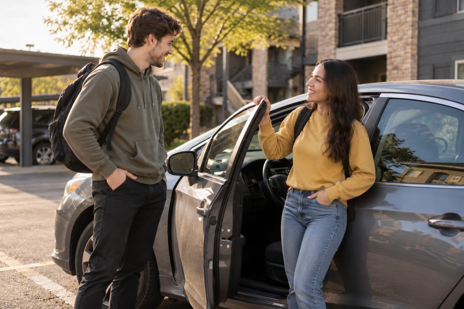 Two people standing beside a car with the driver door open, representing an unlisted driver using a vehicle in Oklahoma.
