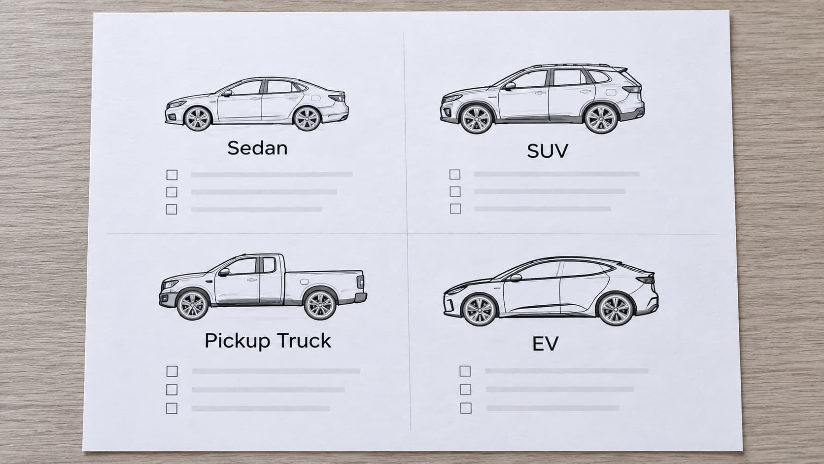 Comparison sheet showing a sedan, SUV, pickup truck, and electric vehicle for full coverage insurance