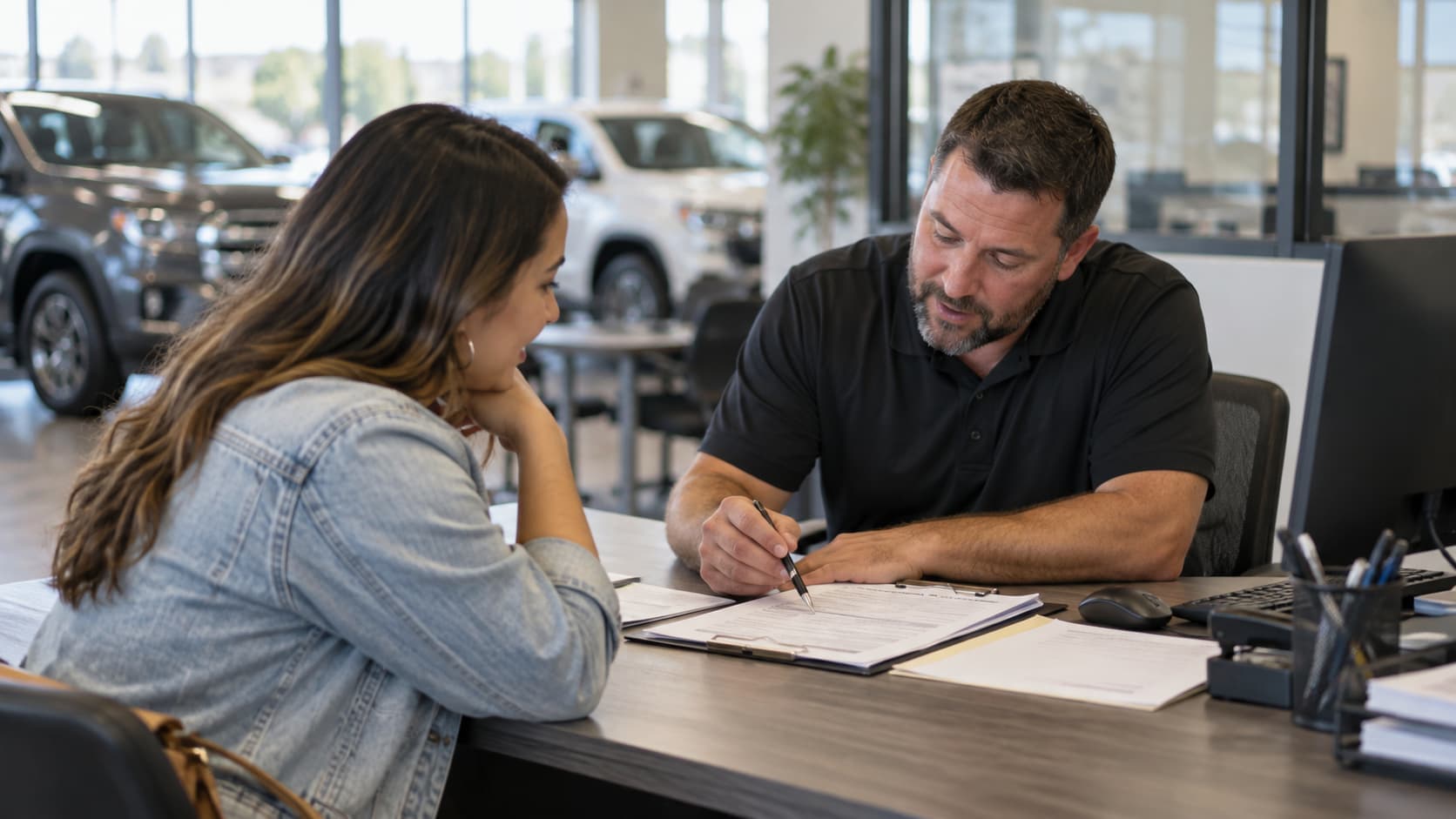 Customer reviewing vehicle financing paperwork with a dealership representative at a used car dealership in Oklahoma City.