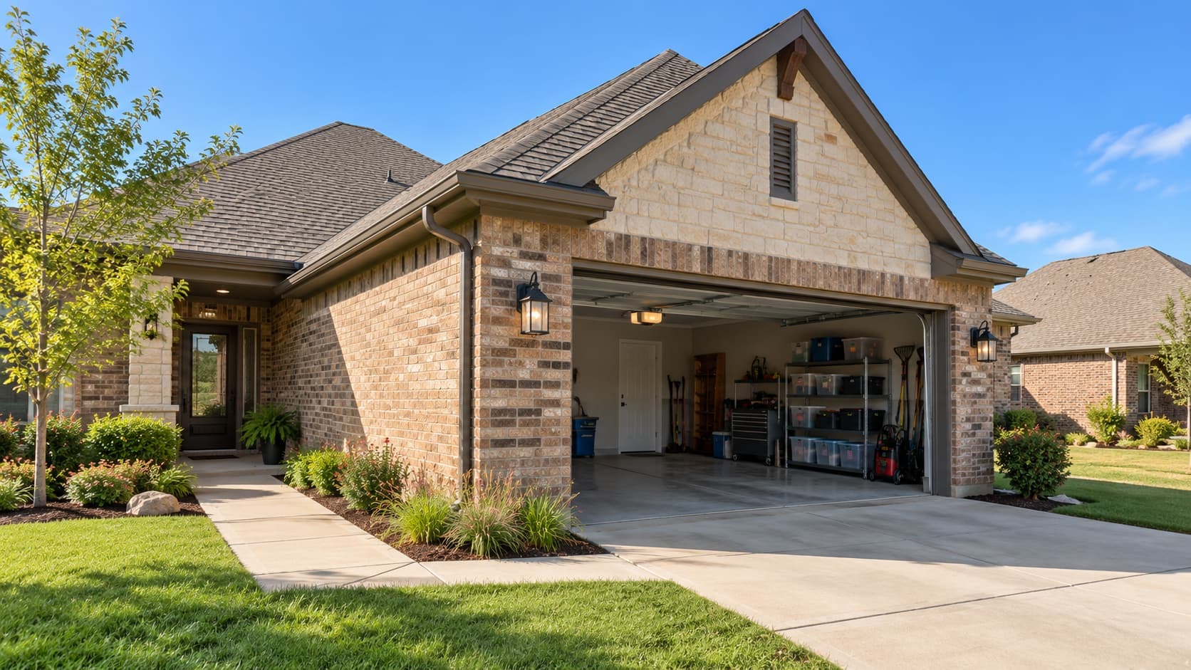 Suburban home with an open garage in a Broken Arrow, Oklahoma neighborhood