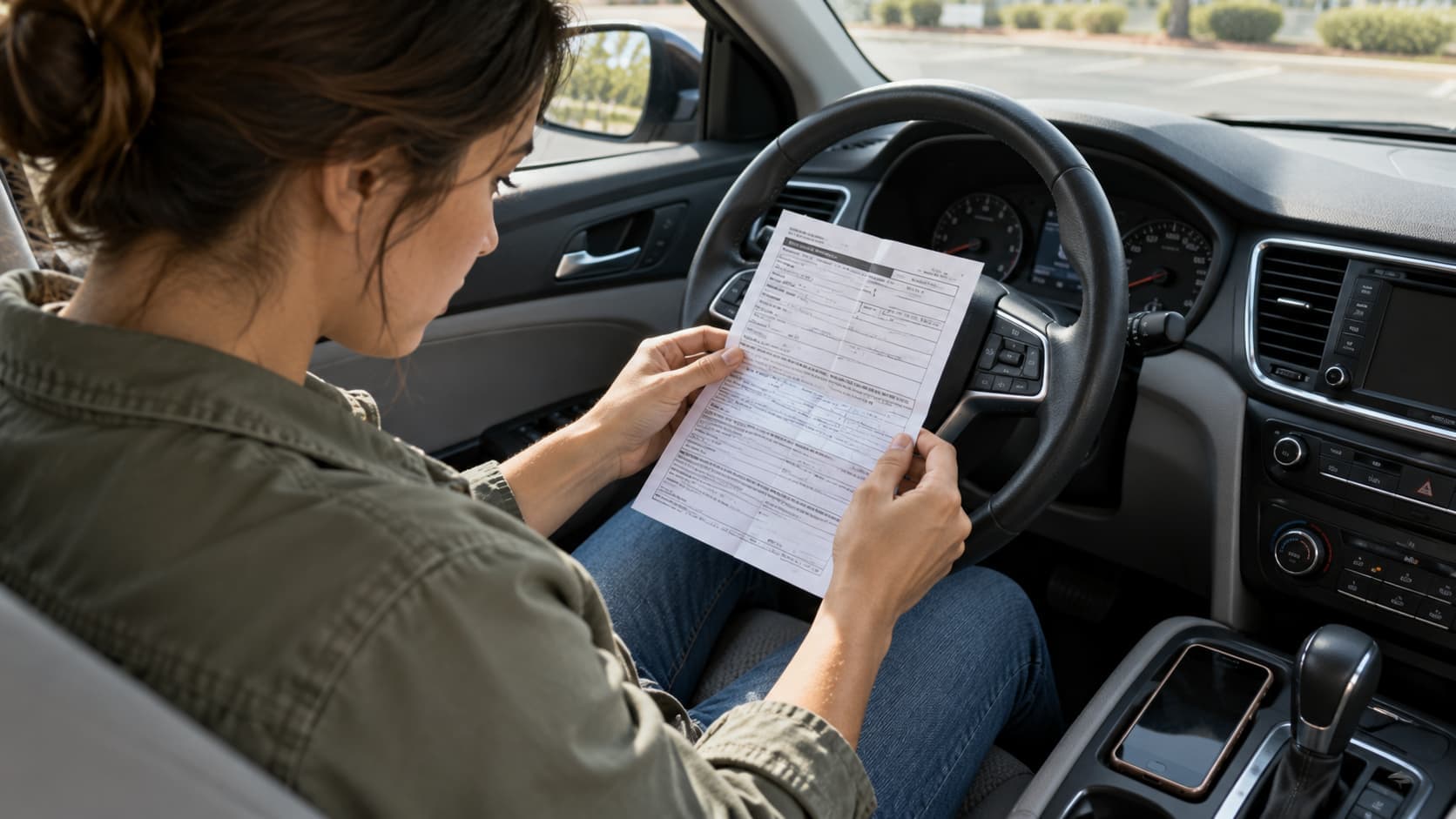 Woman reviewing a traffic citation inside a parked car in Oklahoma City before addressing her no-insurance ticket.