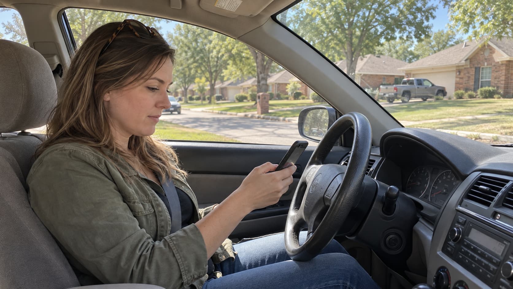 Driver checking insurance information on a phone inside a newly purchased car in Oklahoma.