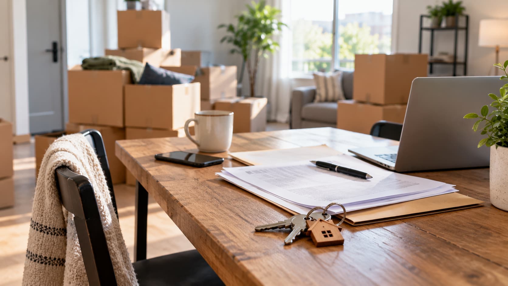 Apartment keys, insurance paperwork, and a laptop on a wooden table with packed moving boxes in the background.