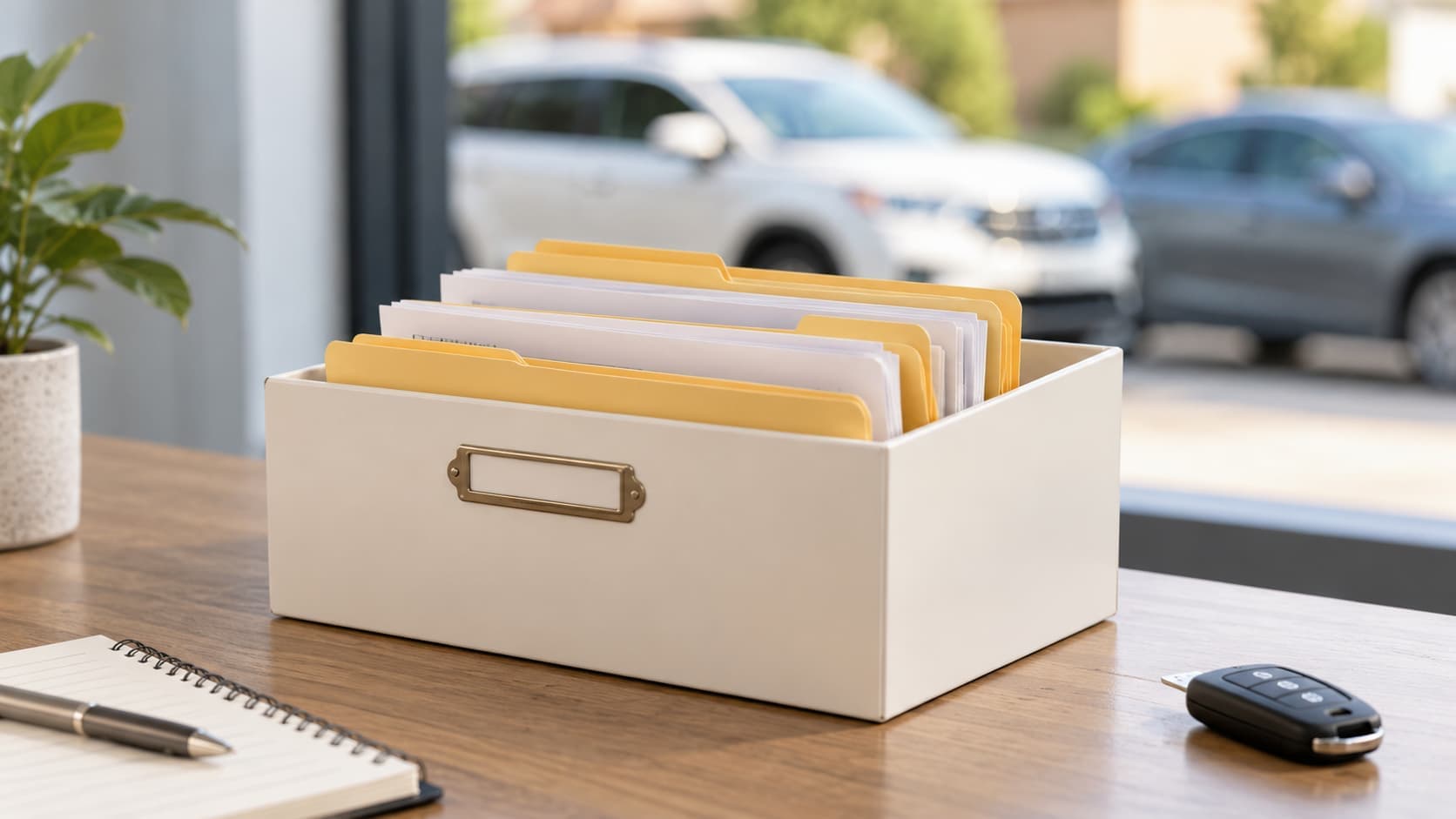 File organizer with insurance documents on a desk, with two vehicles visible in the background.