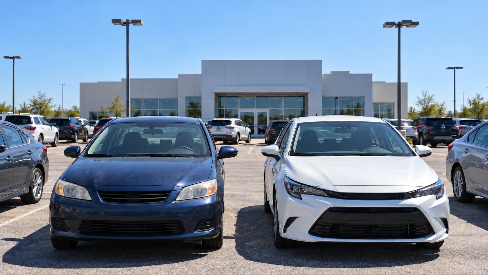 Older blue sedan parked beside a newer white sedan at a car dealership in Oklahoma City.
