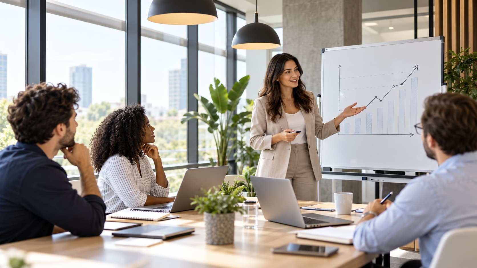 Business leader presenting an upward-trending progress chart to colleagues during a team meeting, highlighting goal setting and measurable results.