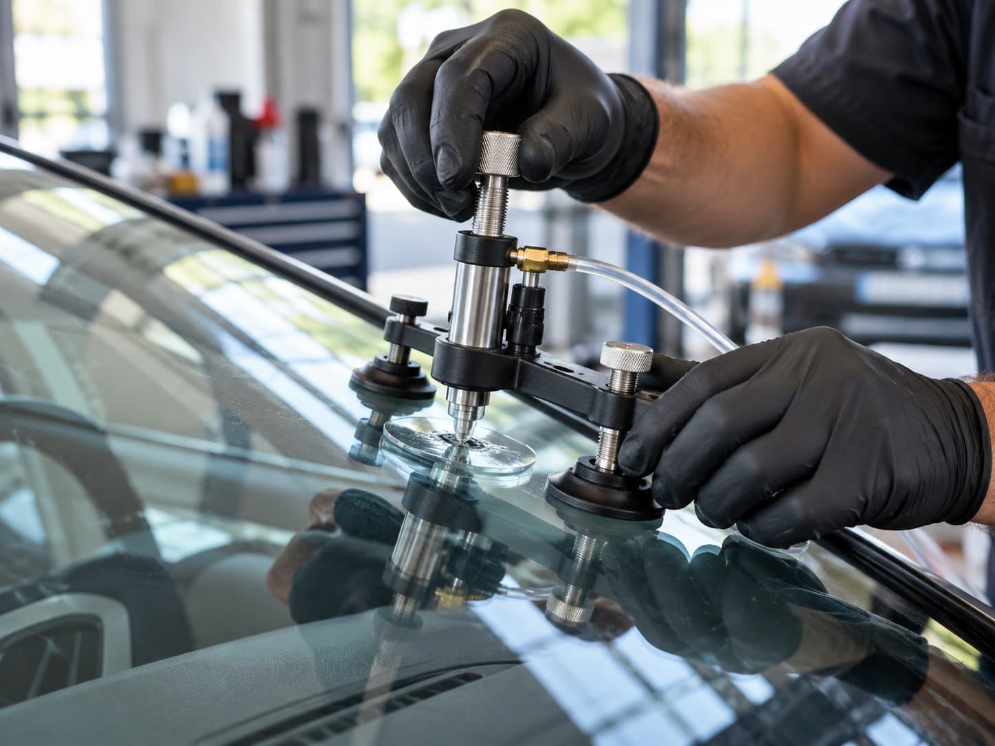 Auto-glass technician using a specialized resin repair tool to fix a chip in a car windshield.