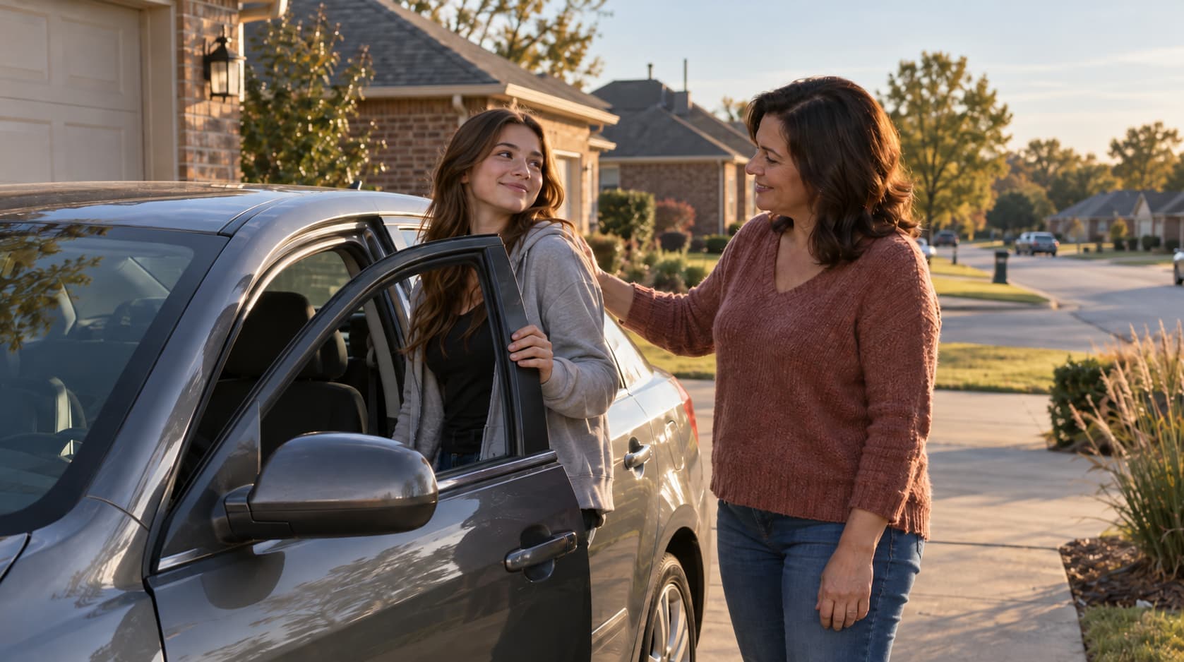 Young driver standing beside her mother and a car in the driveway of a suburban Tulsa home.