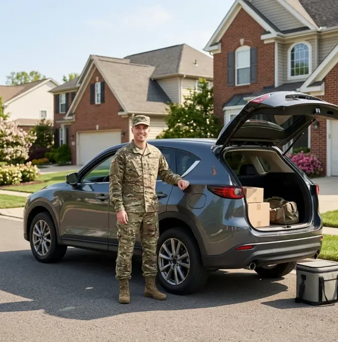 Un militar en uniforme junto a una SUV con el portón trasero abierto y cajas de mudanza adentro, estacionada frente a casas de ladrillo en un vecindario de Oklahoma City
