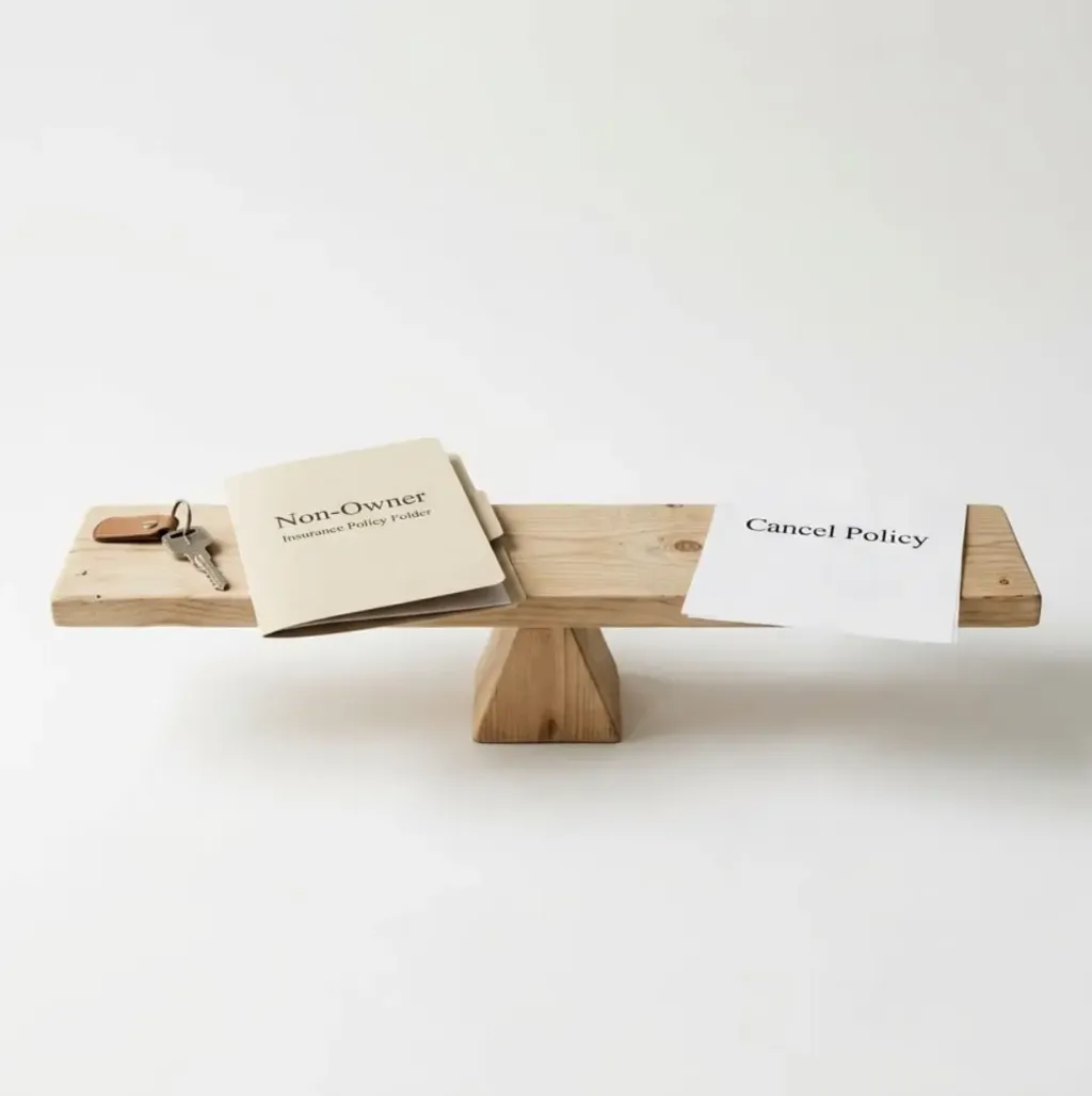 A wooden balance scale weighing a non-owner insurance policy folder and car keys against a cancel policy letter