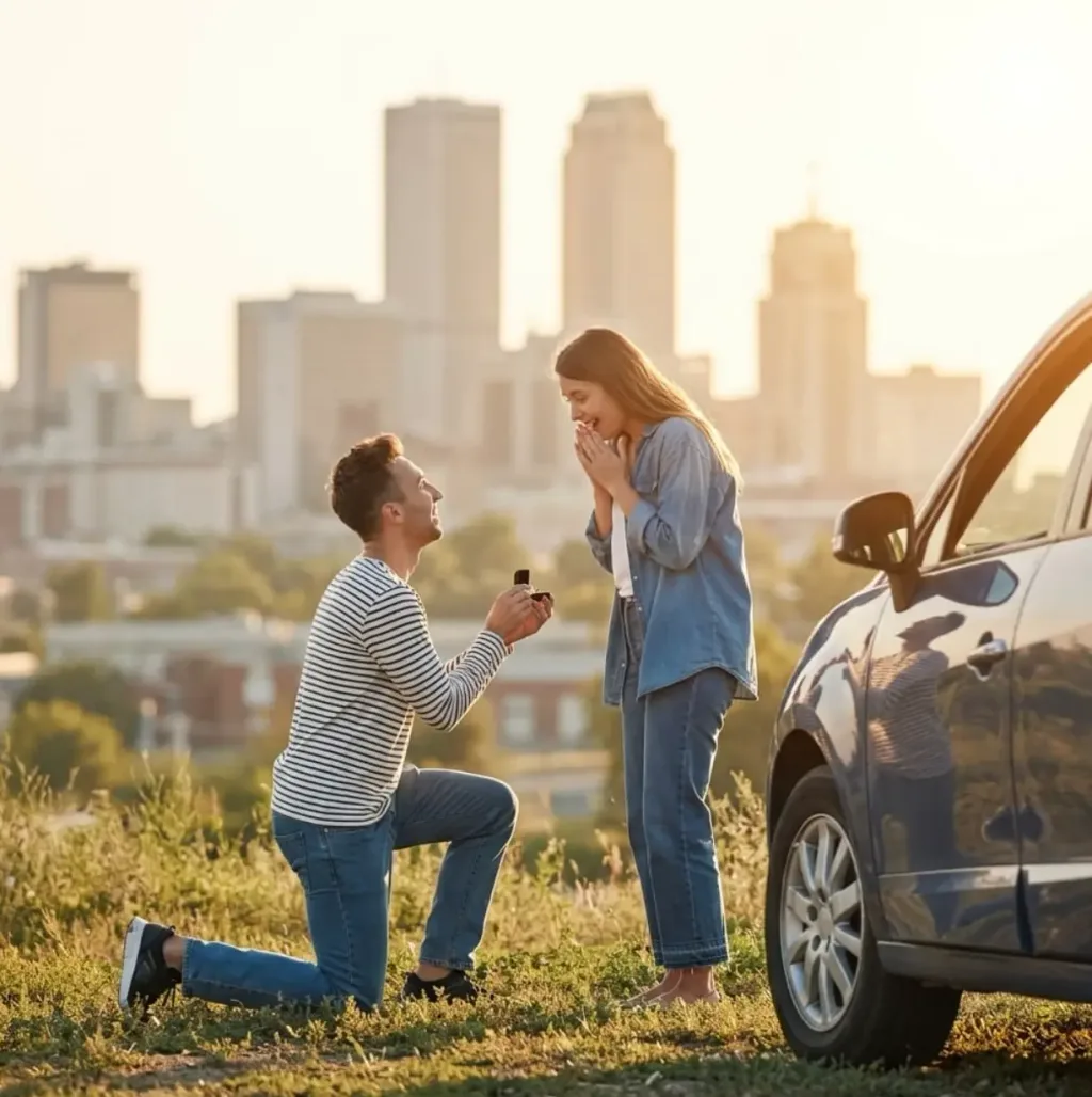 A man proposing to a woman beside a car with the downtown Tulsa skyline in the background at sunset