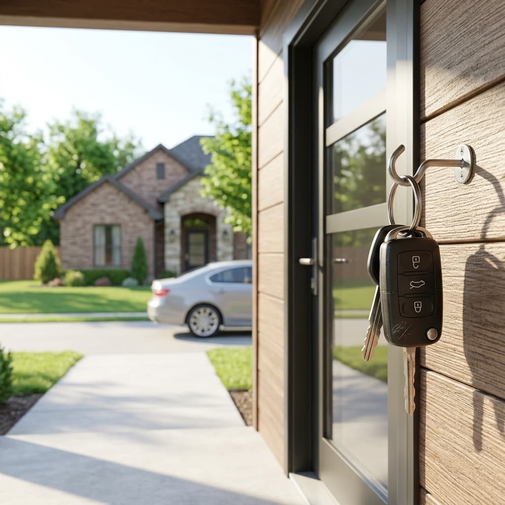 Car keys hanging beside a front door with a home and parked vehicle in the background, representing auto insurance coverage for rental cars.