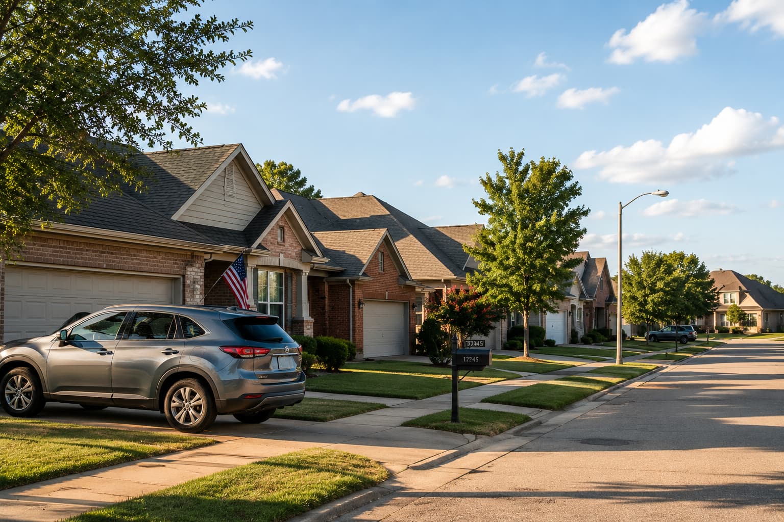 Suburban Tulsa neighborhood with homes and a parked SUV, representing personal automobile insurance coverage.
