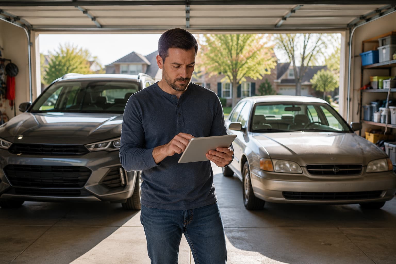 Oklahoma homeowner comparing auto insurance options for two vehicles in a home garage.
