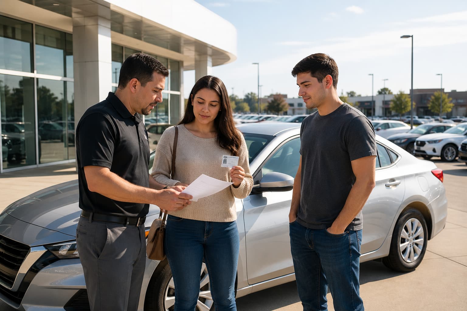 Customer purchasing a vehicle at a Broken Arrow dealership without a driver's license while arranging insurance and transportation.