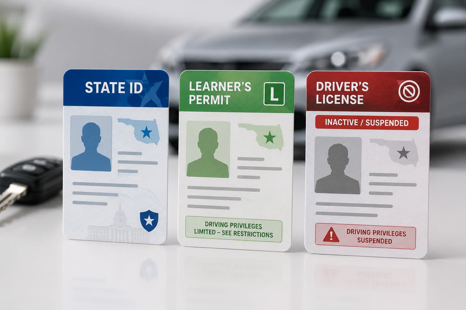 Comparison of a state ID, learner's permit, and suspended driver's license used in car insurance discussions