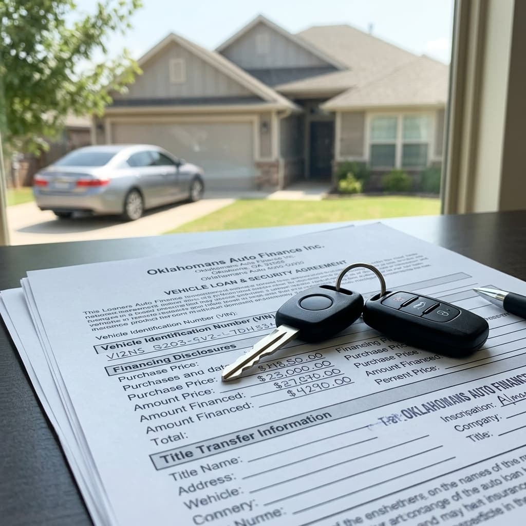 Car keys resting on auto loan paperwork with lienholder information beside a financed vehicle parked outside a Del City home.