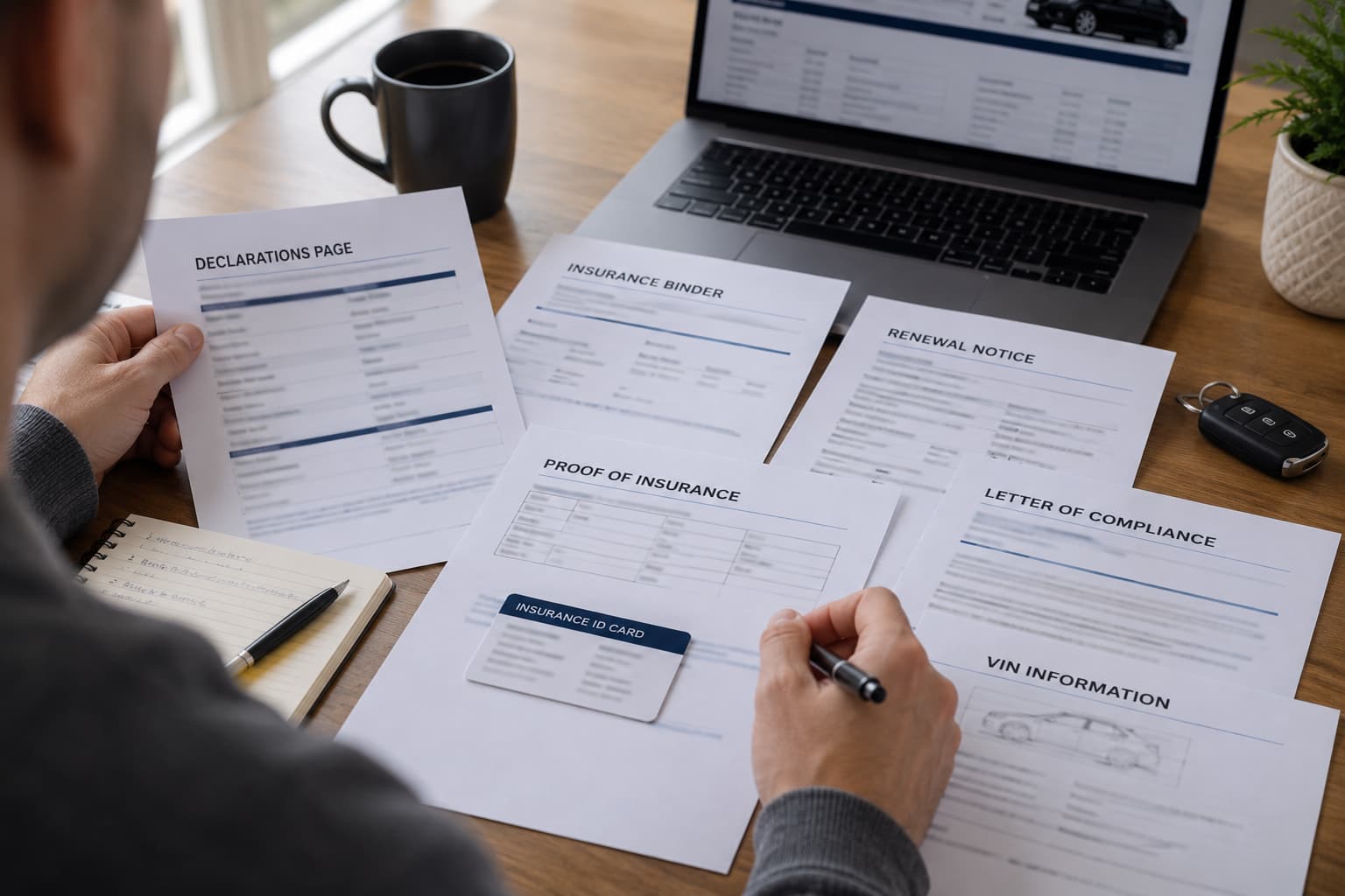 Driver reviewing common car insurance and auto insurance terms while reading insurance policy documents.