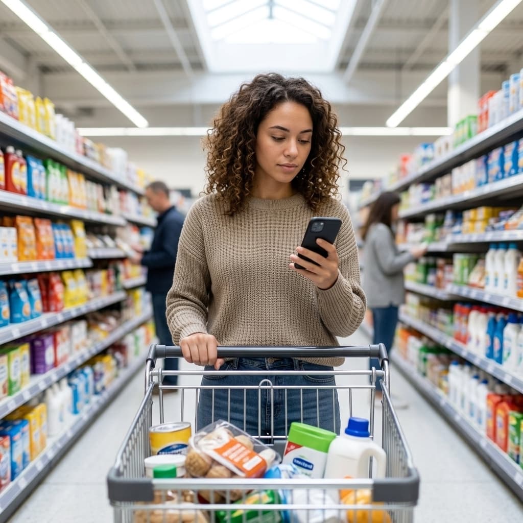 Budget-conscious shopper comparing auto insurance options on a smartphone while shopping in a retail store.