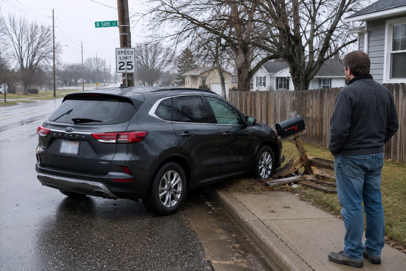 Driver assessing damage to a mailbox and wooden fence after a single-vehicle accident involving property damage liability insurance.