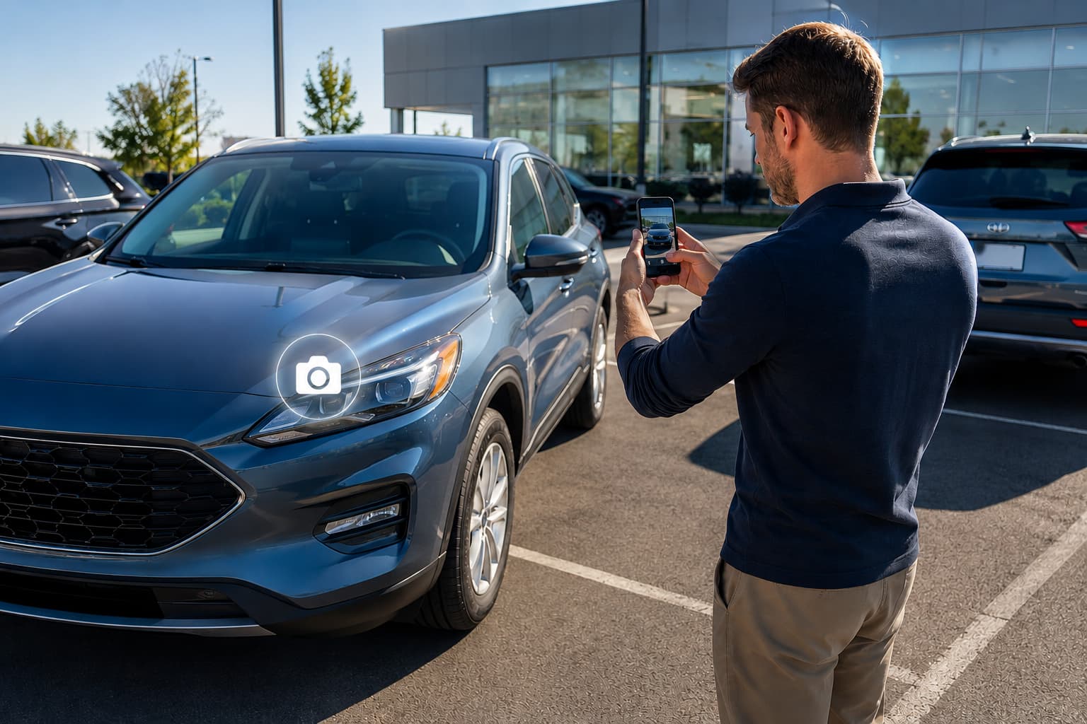 Driver using a smartphone to photograph a parked SUV during an insurance vehicle inspection in a dealership parking lot.