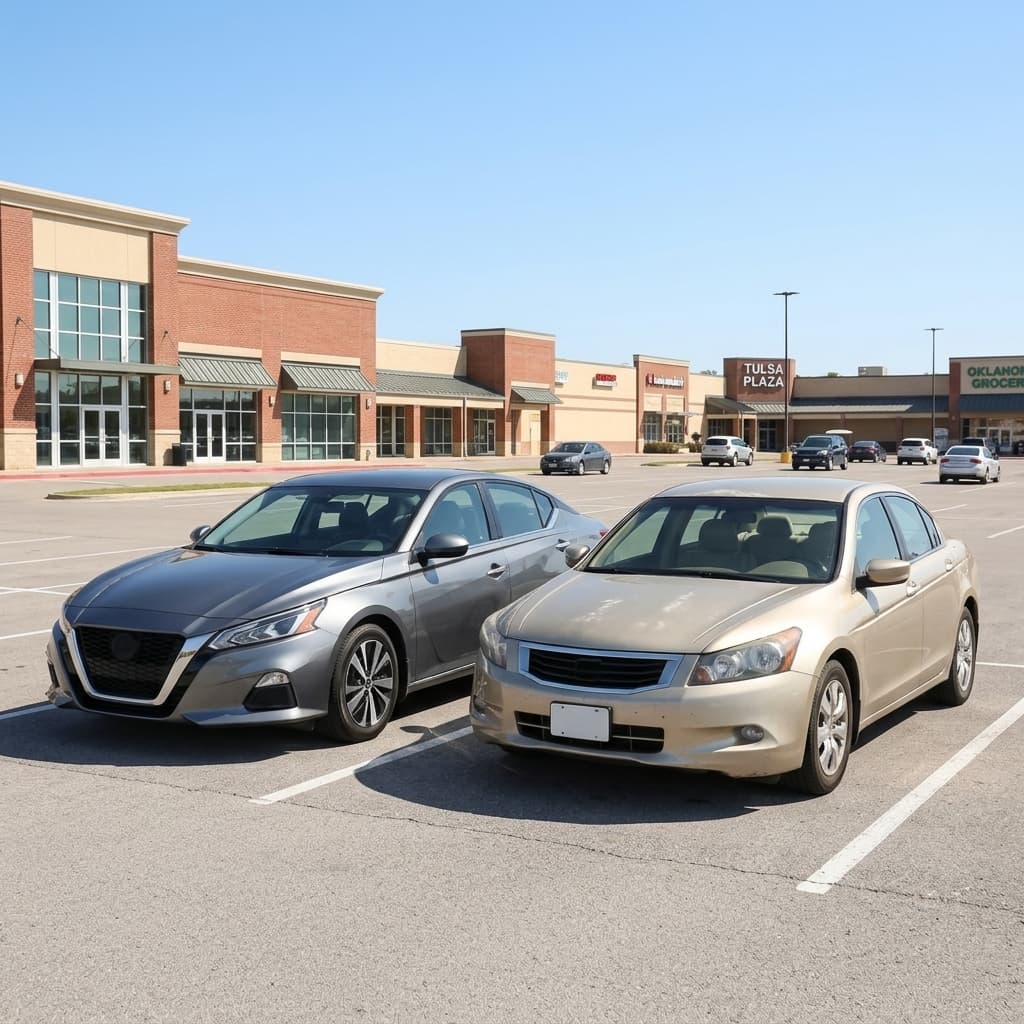 Two similar vehicles parked outside a shopping center in Tulsa, Oklahoma.