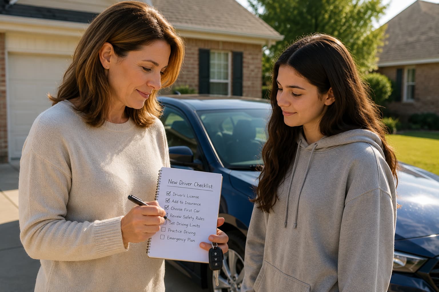 Oklahoma parent reviewing car insurance paperwork with a newly licensed teen driver