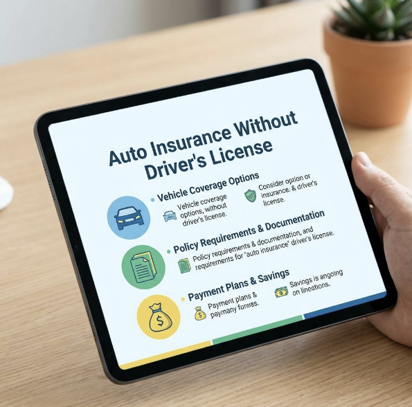 Infographic showing car insurance options for people without a driver’s license in Oklahoma City, including coverage types and pricing icons