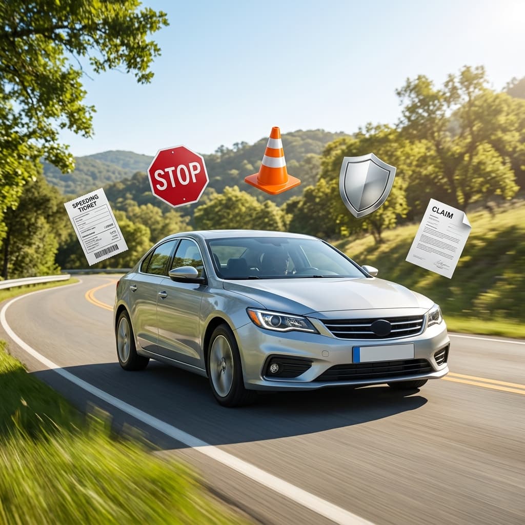 3D illustration showing driving violation icons around a car to represent how a bad driving record can affect auto insurance rates.