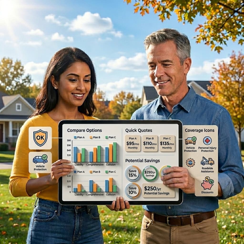 Professional illustration showing Oklahoma drivers comparing car insurance companies and coverage options
