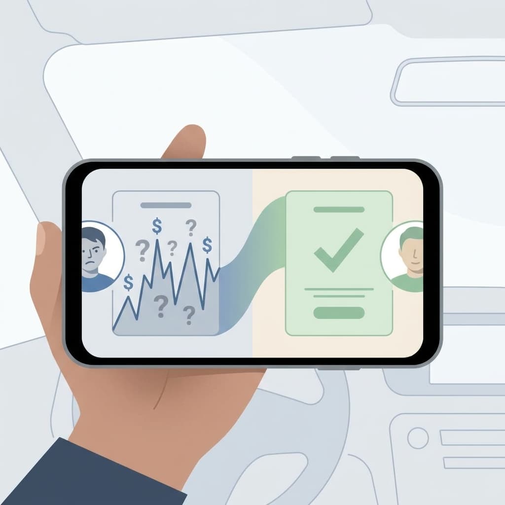 Driver reviewing car auto insurance quotes on phone showing changing and accurate pricing