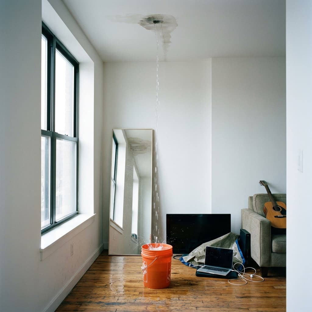 Water from a burst pipe damaging furniture inside an apartment, illustrating a renters insurance water damage claim.