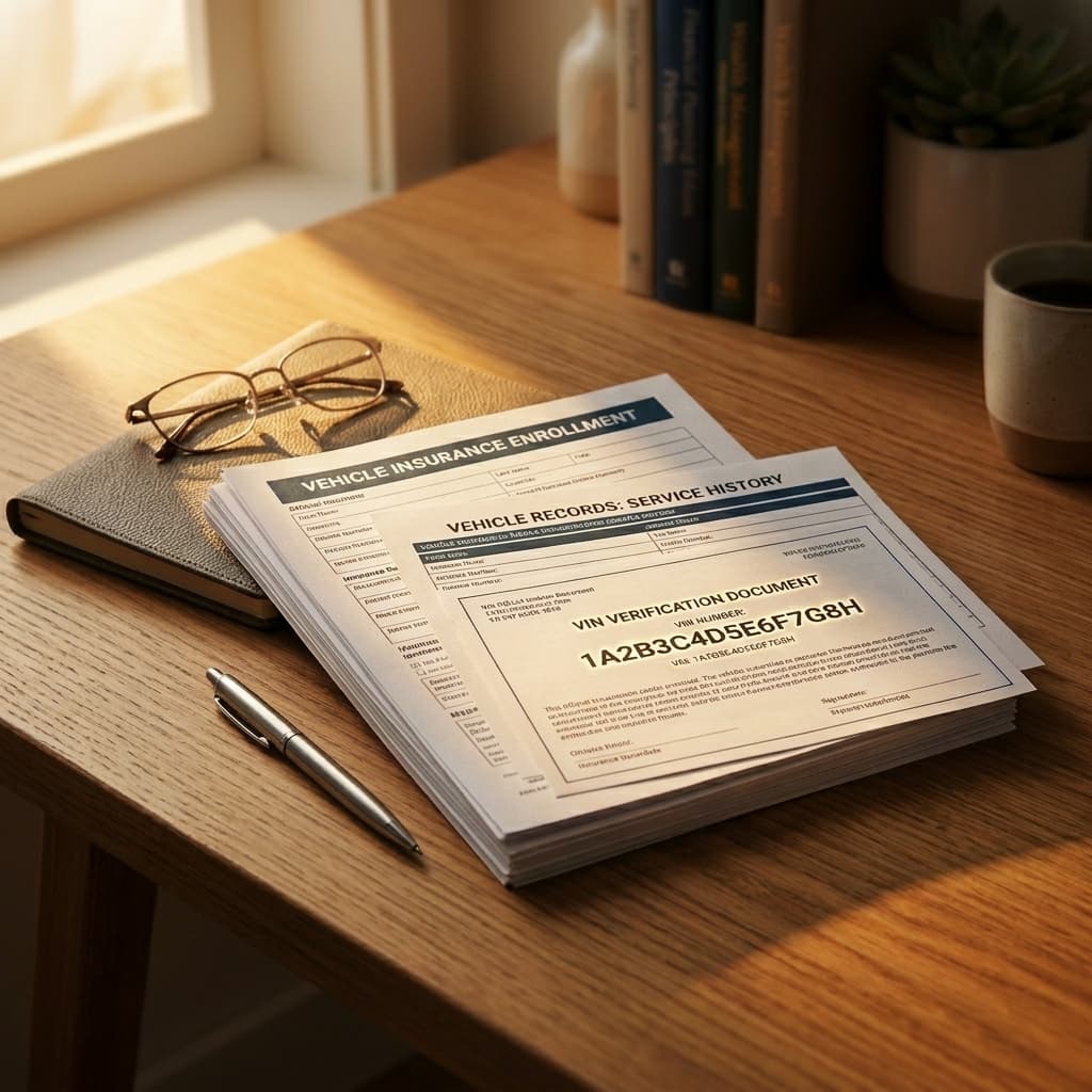 Insurance documents, vehicle information records, and driver's license paperwork commonly used when requesting free auto insurance quotes.