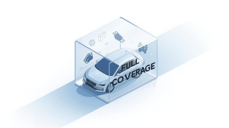 Illustration of a car inside a protective box labeled full coverage representing full coverage car insurance with no license in Oklahoma City