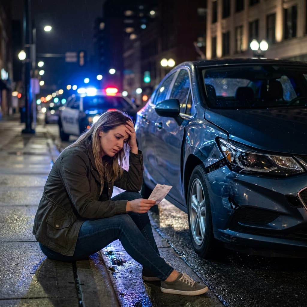 High risk driver pulled over by police at night with flashing lights and traffic violation concept
